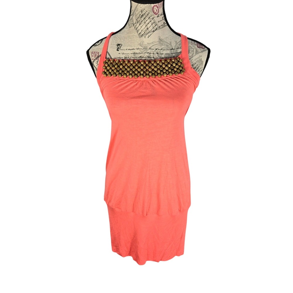 Wet Seal Coral Pink Beaded Halter Mini Dress Wood Ring Back Boho Summer Womens L